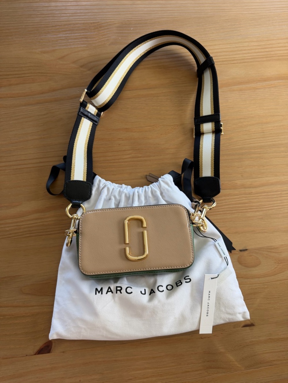 Marc Jacobs Beige Snapshot Crossbody with Striped Detachable Strap
